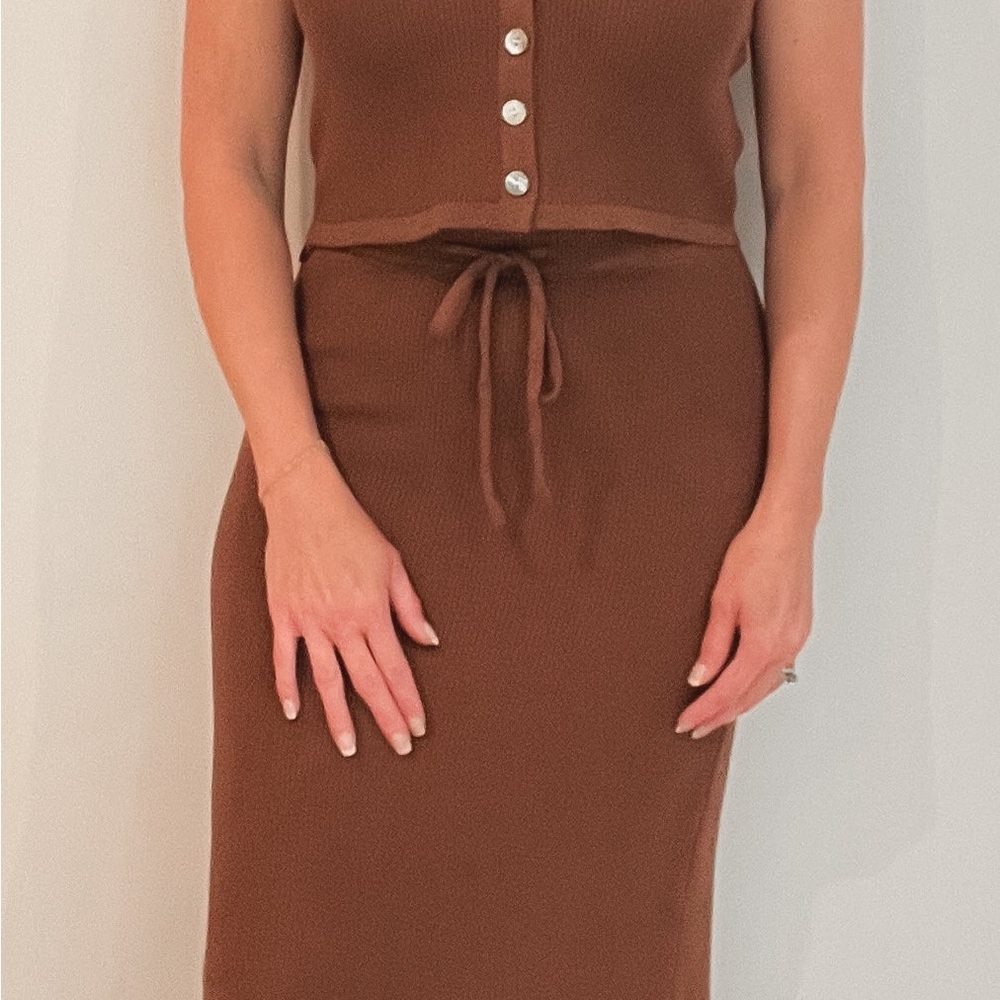 Brown Knit Drawstring Midi Skirt Set